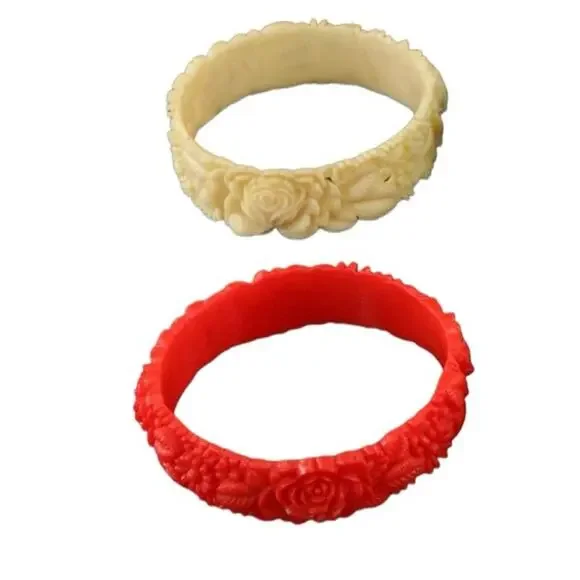 Vintage 1930s Bangle Set - Carved Cinnabar & Pierced French Ivory Celluloid